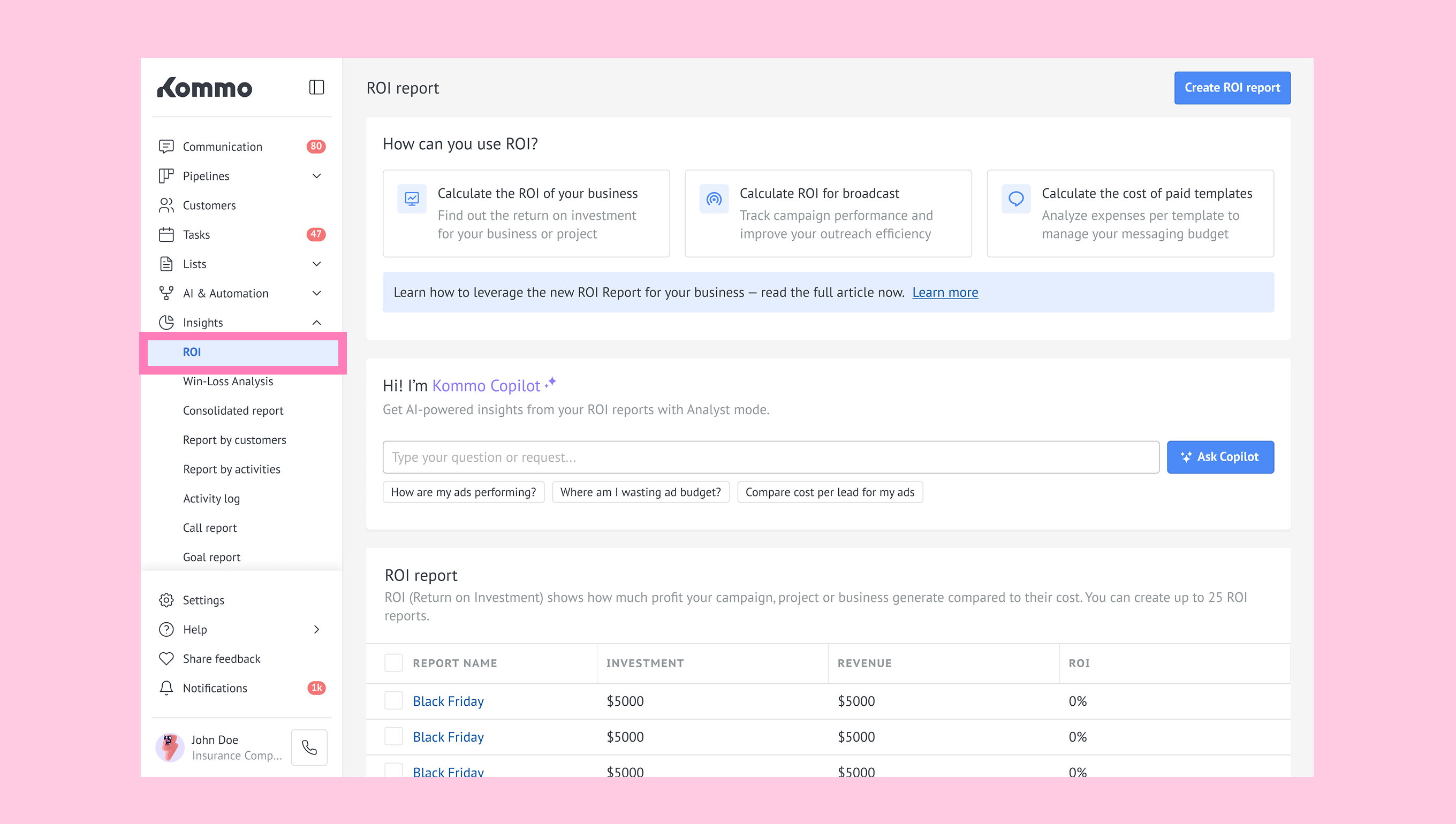 ROI reports page in Kommo with the Kommo Copilot block.
