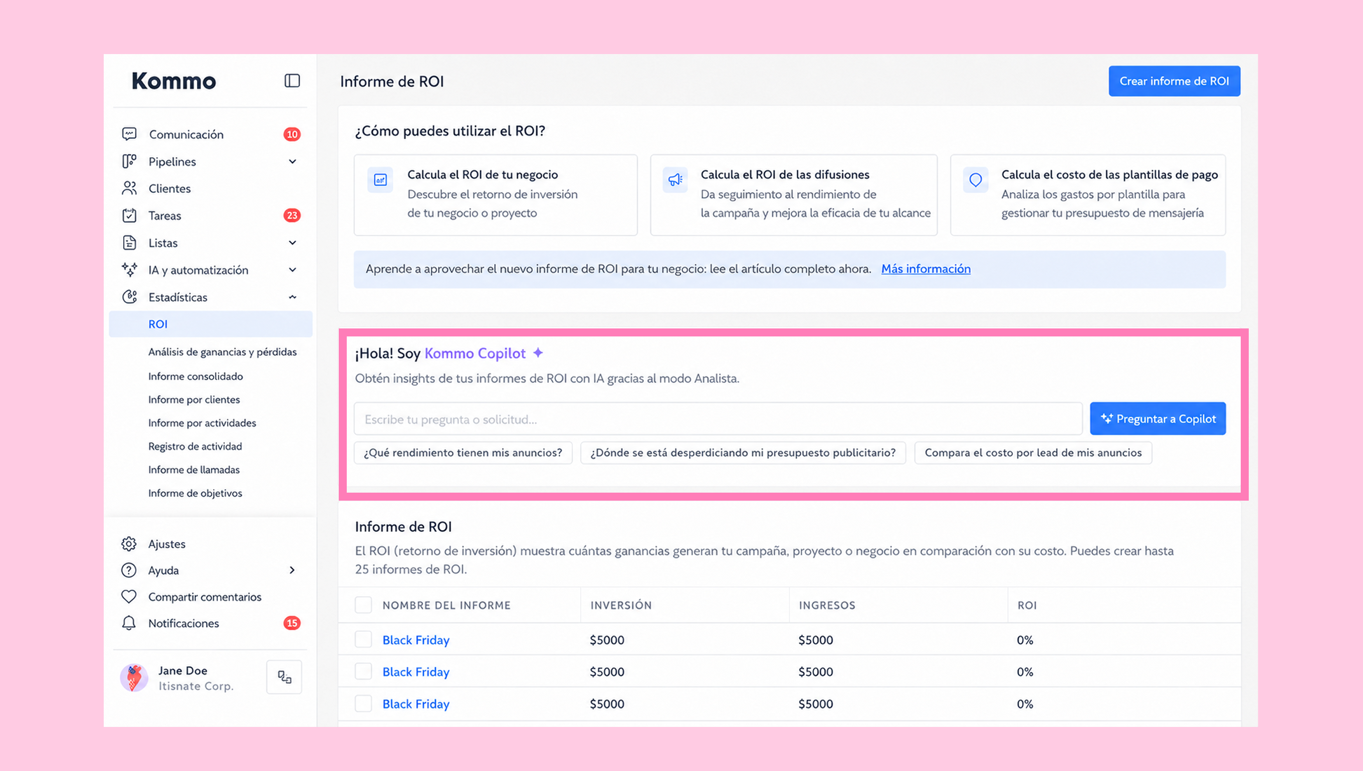 Kommo interface displaying ROI report options and insights for advertising performance.