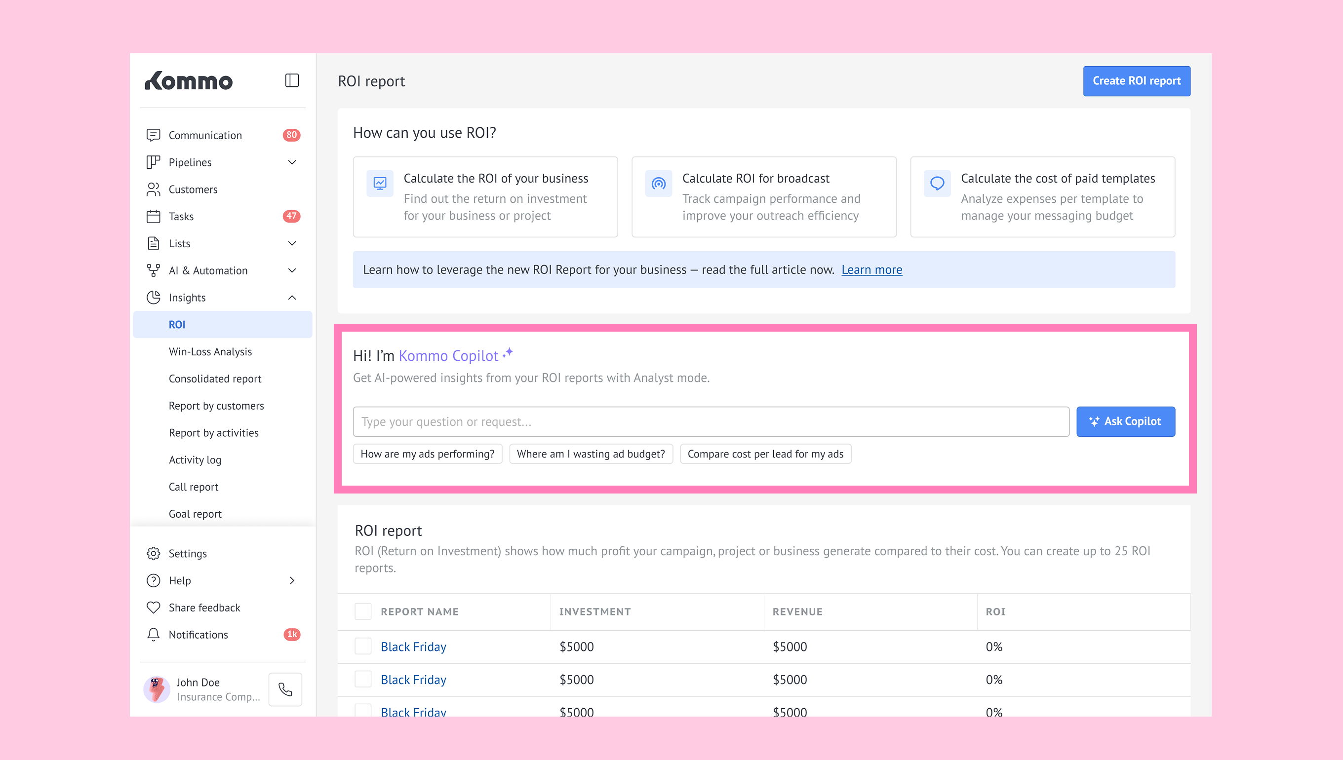 Kommo Copilot block on the ROI reports page with suggested questions and a question field.