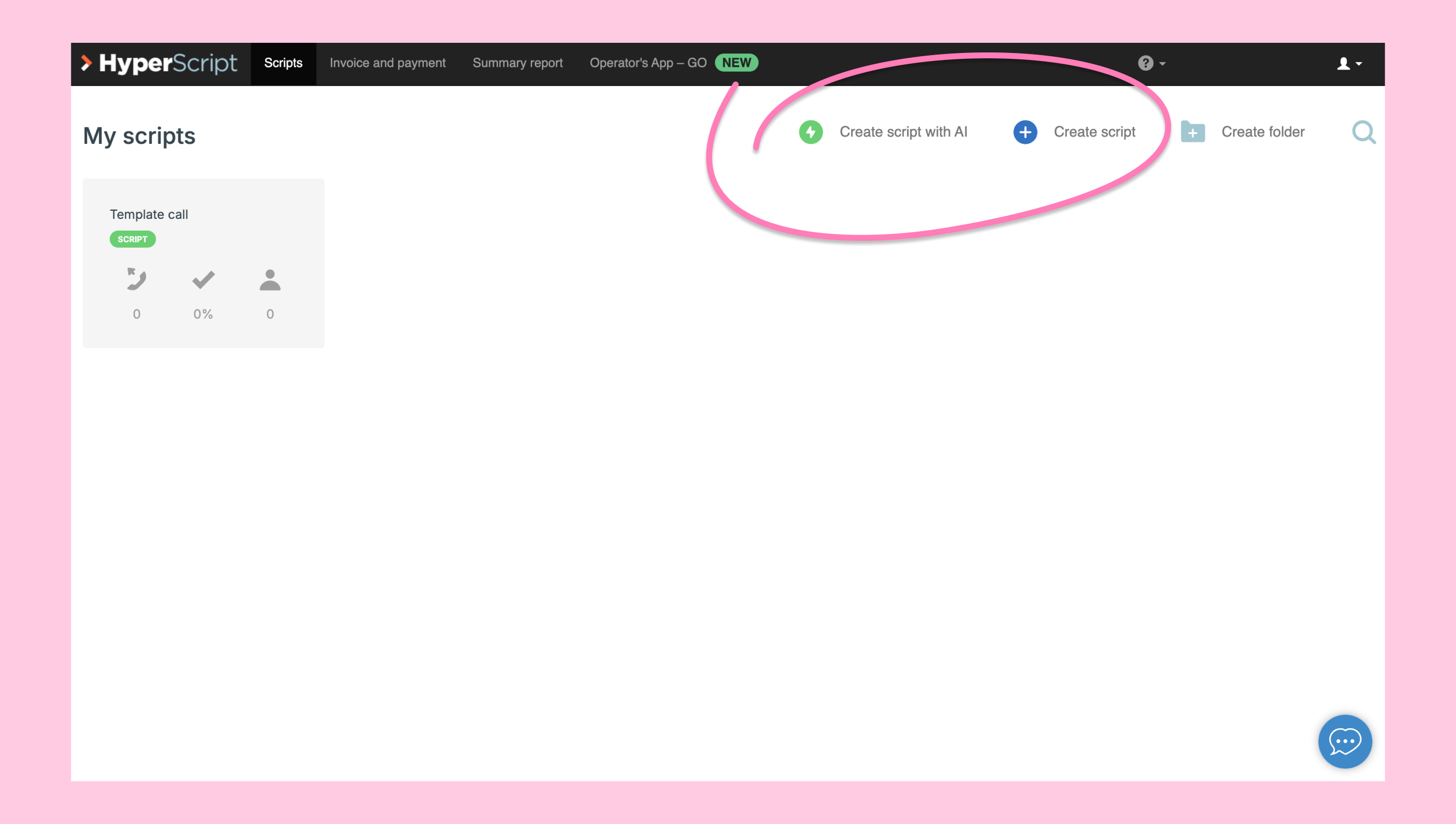 User interface of HyperScript showing options to create scripts and folders.