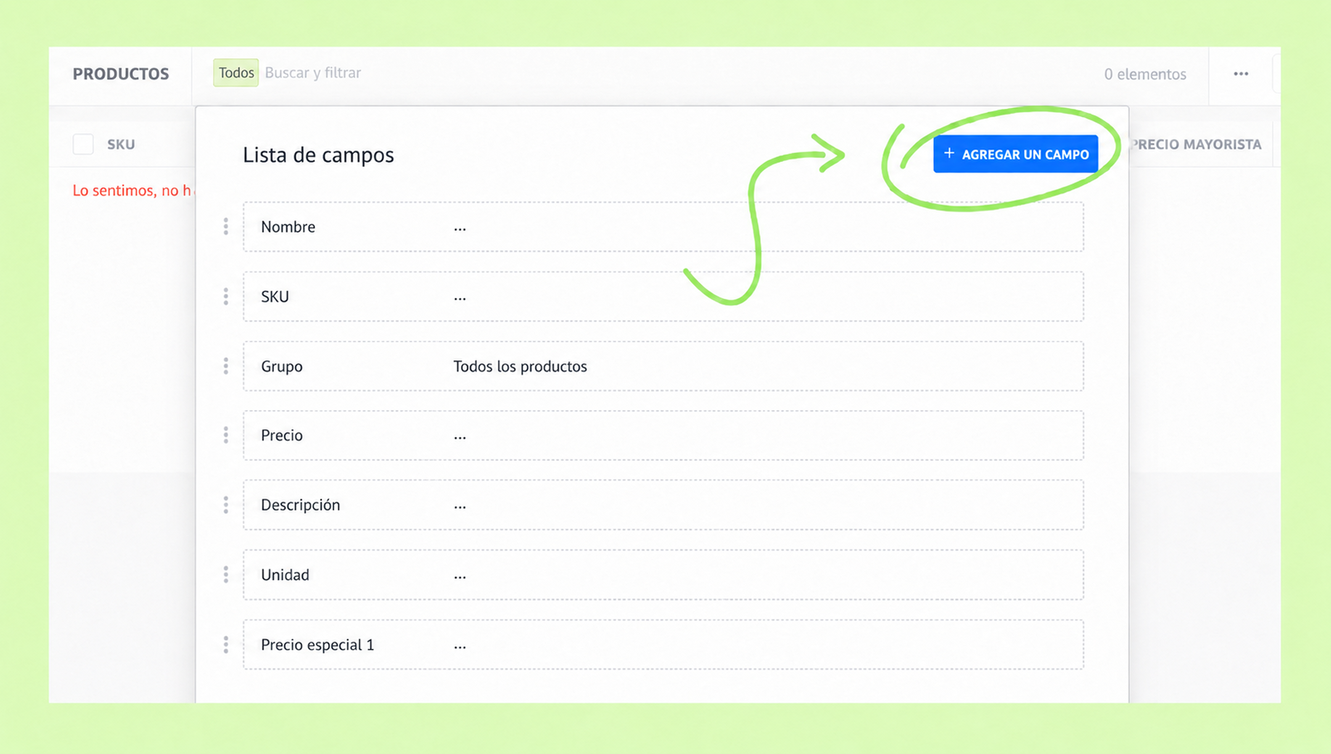 Interface showing product fields with an option to add a new field highlighted.