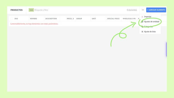 User interface showing product settings with an import option highlighted.