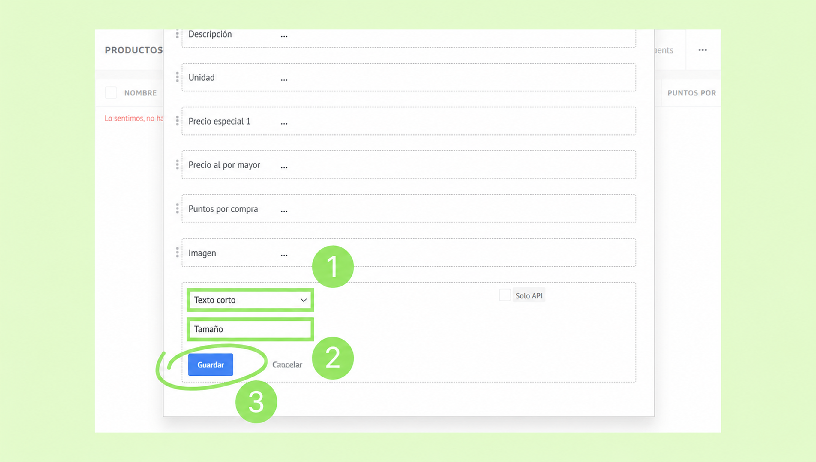 Form fields for product details with highlighted save button and dropdown options.