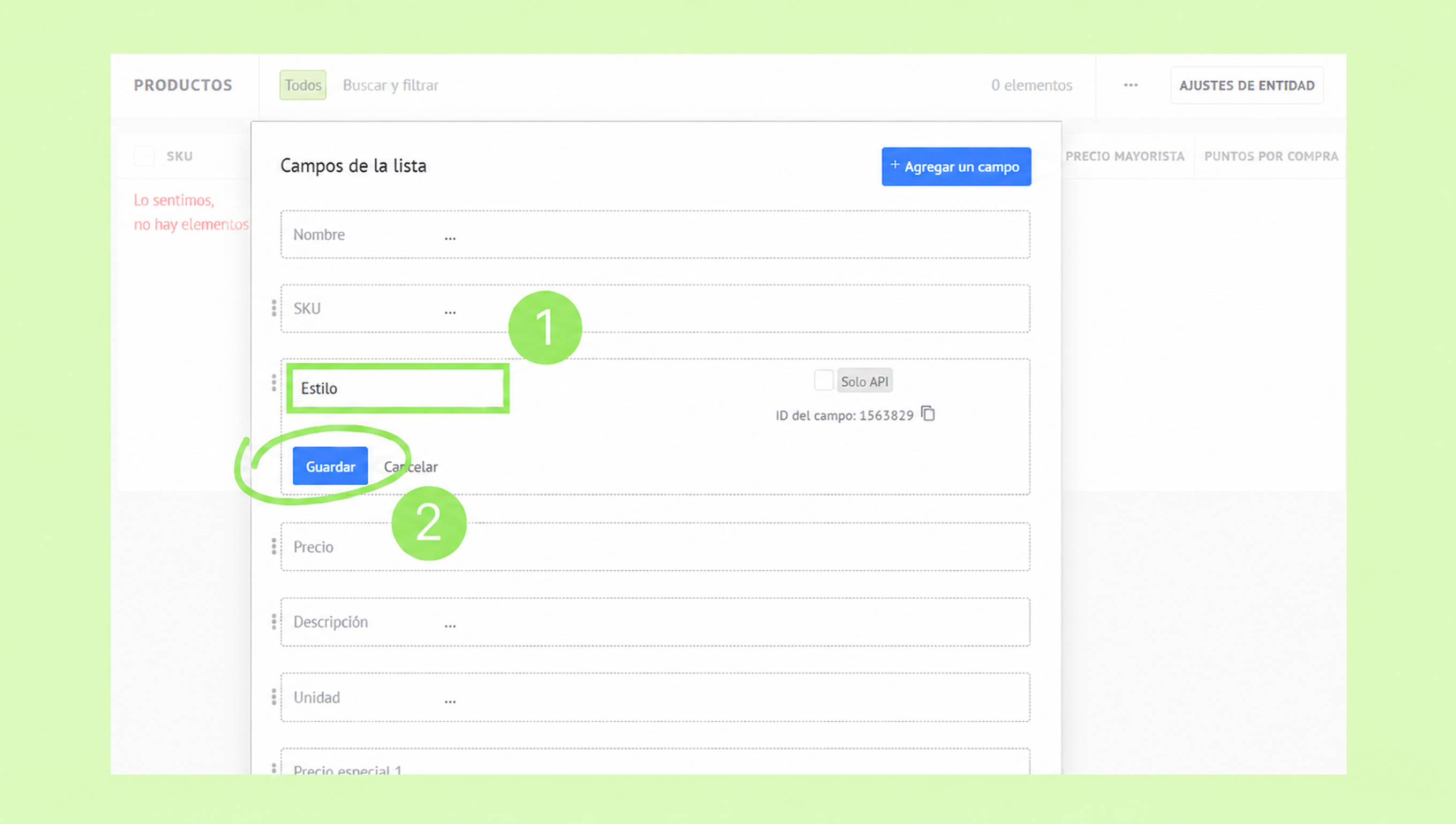 Form fields for product details with highlighted sections for style and save button.