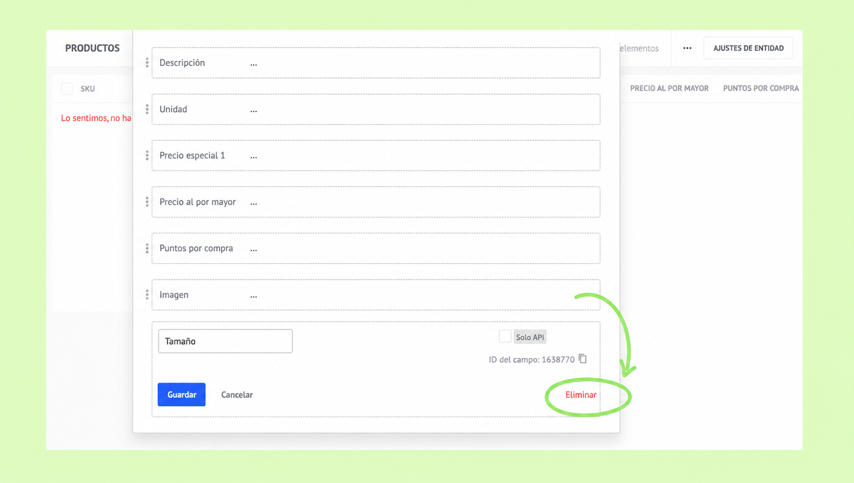 Form fields for product details with options to save or delete entries.