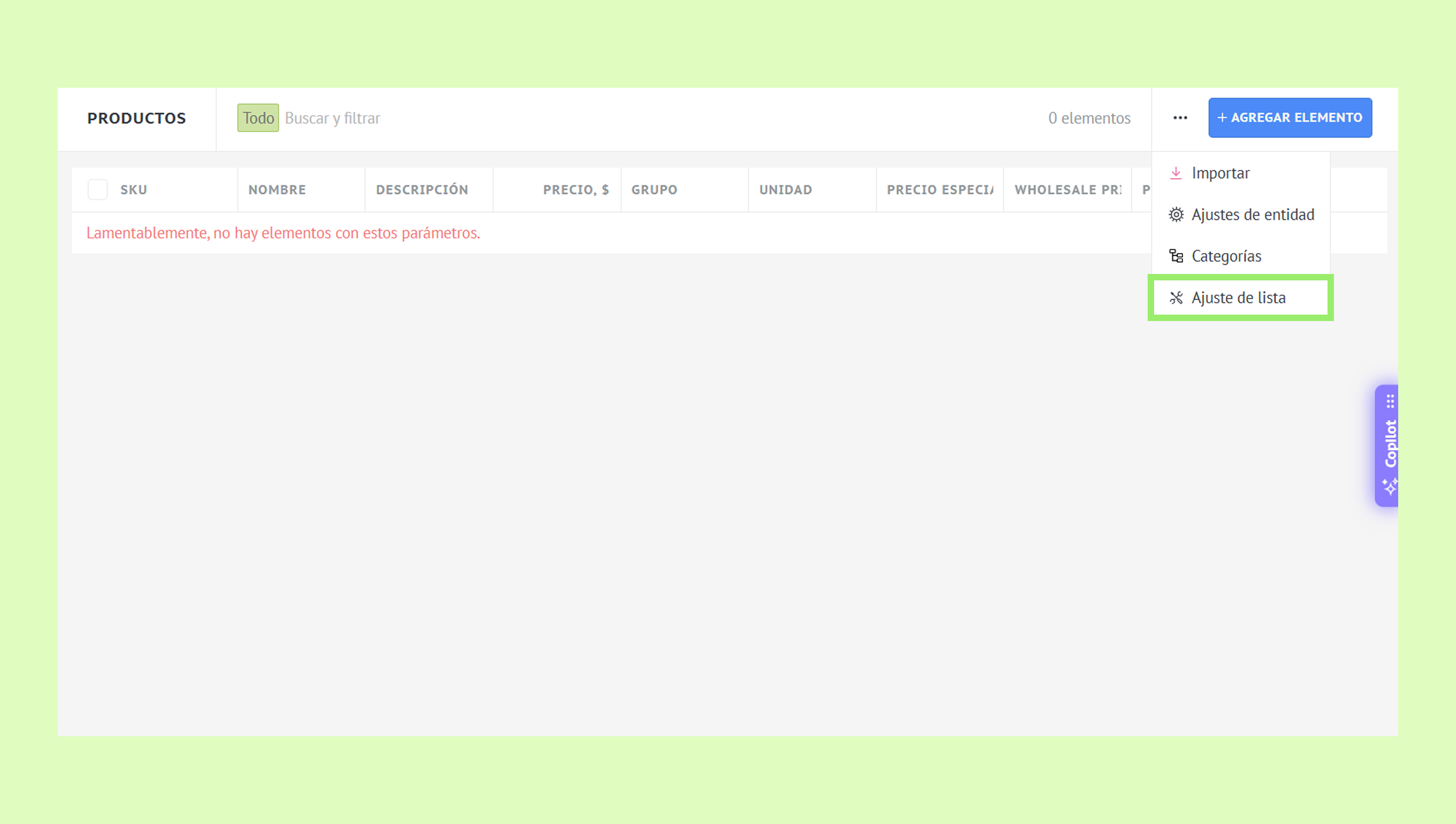 Product list interface showing no items available with options for adding elements.