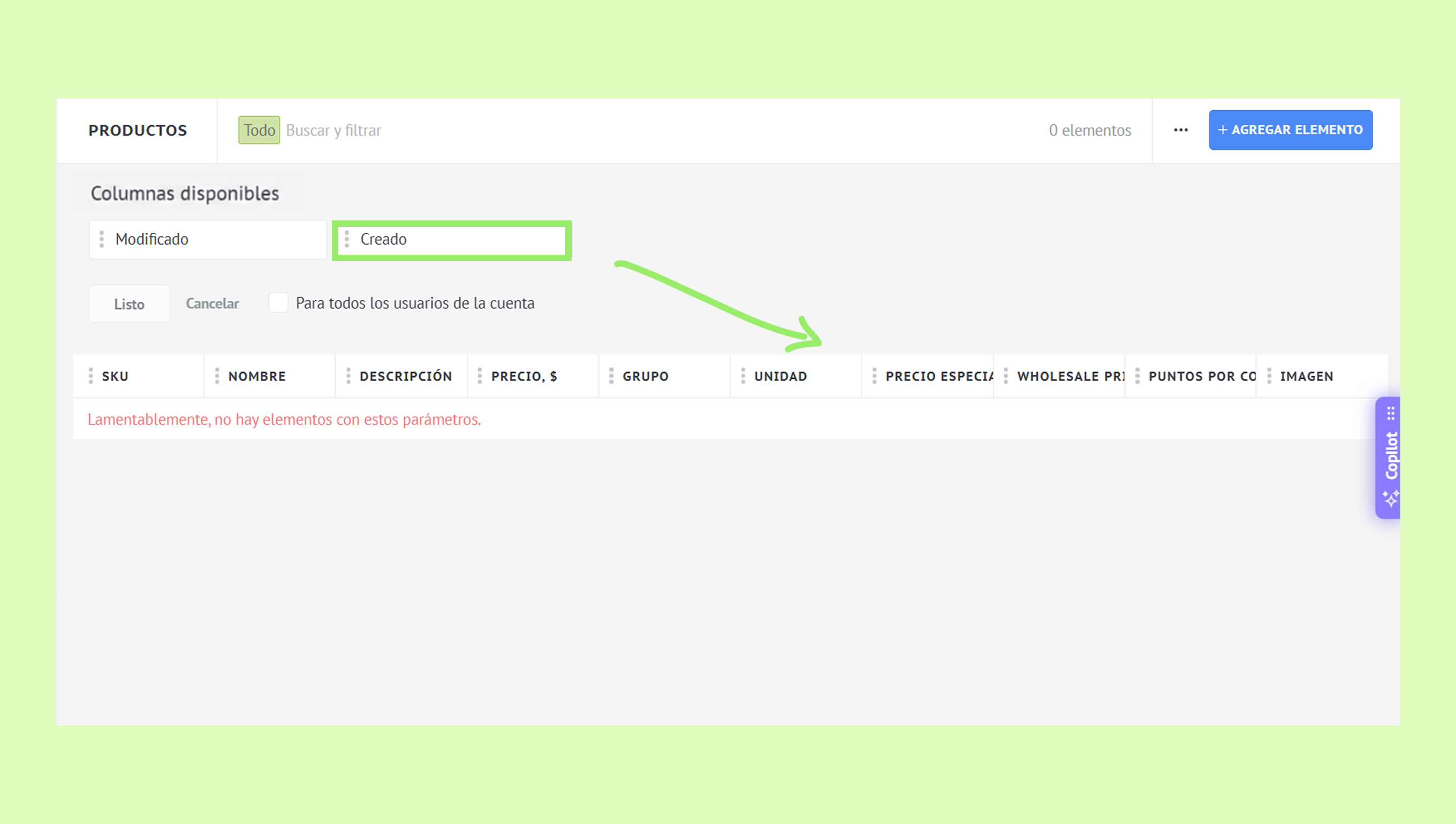 Interface showing available columns with a focus on the 'Creado' option.