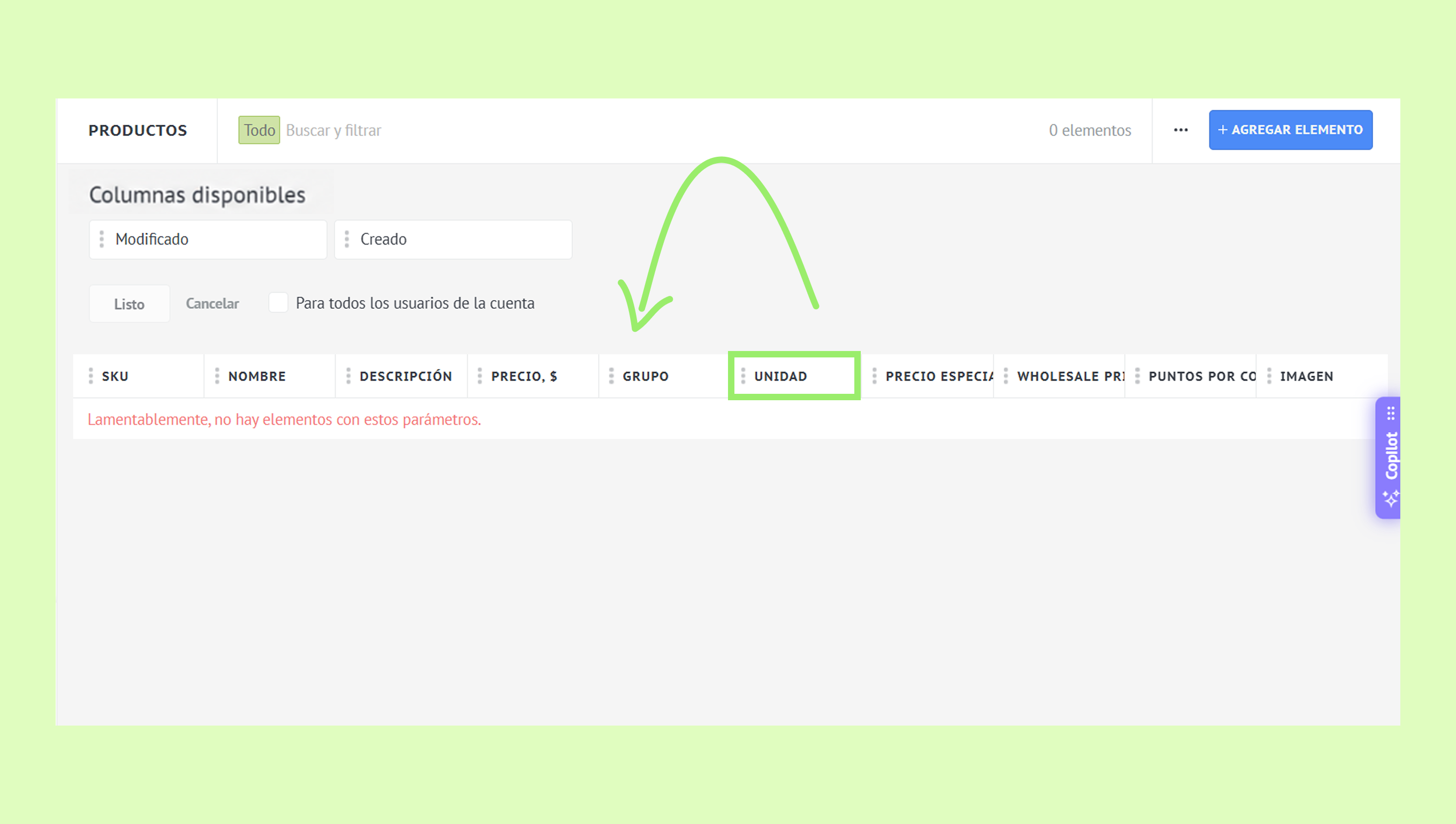 Available columns for product management with highlighted unit option and error message.