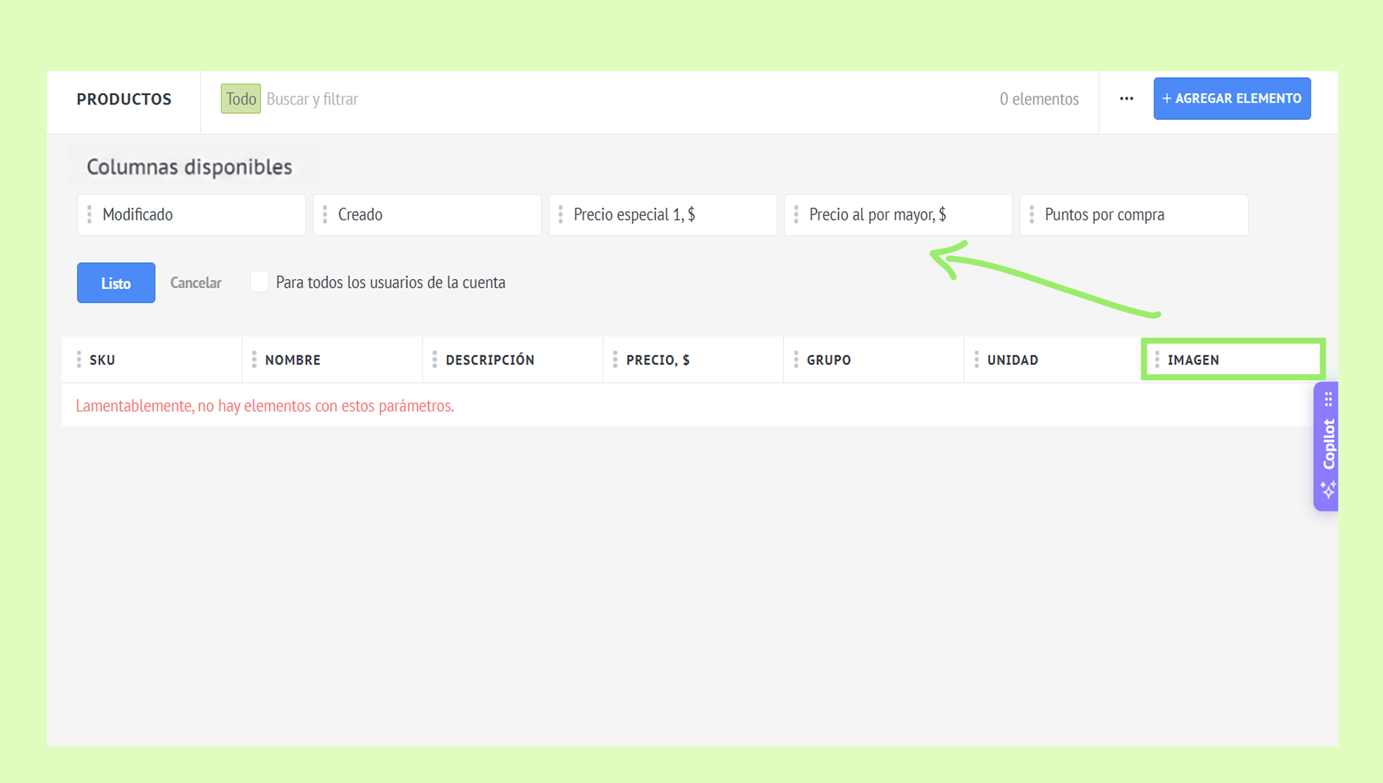 Product management interface showing available columns and a message about no elements.