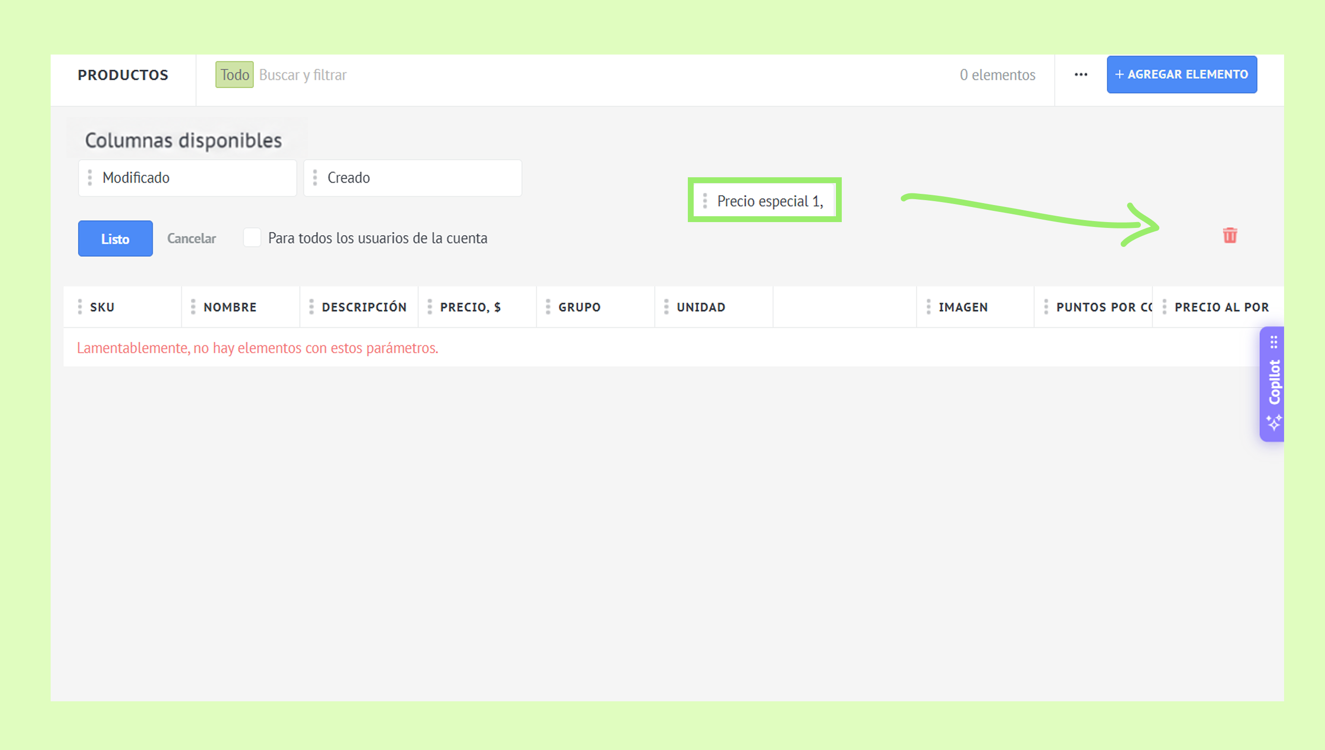Product management interface showing special price and no available items message.