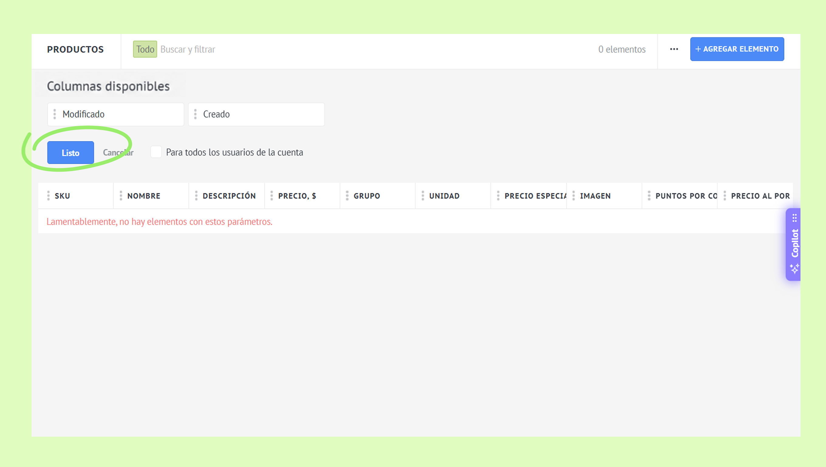 Interface showing available columns with a highlighted button for listing products.