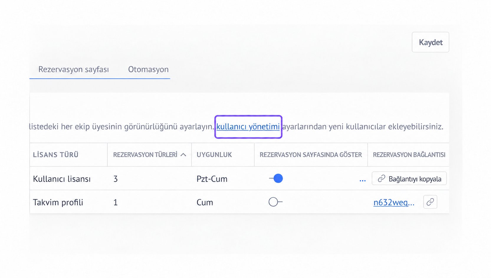 User management settings for team visibility and reservation types configuration.