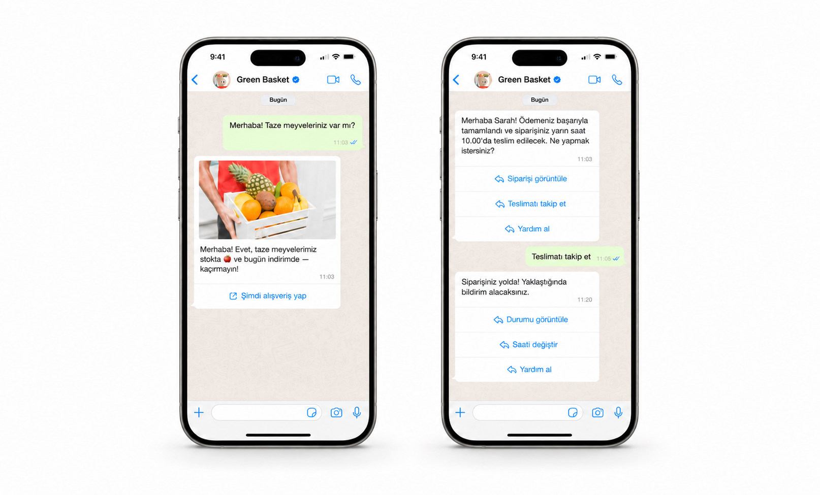 WhatsApp conversation about fresh fruit delivery and order tracking details.