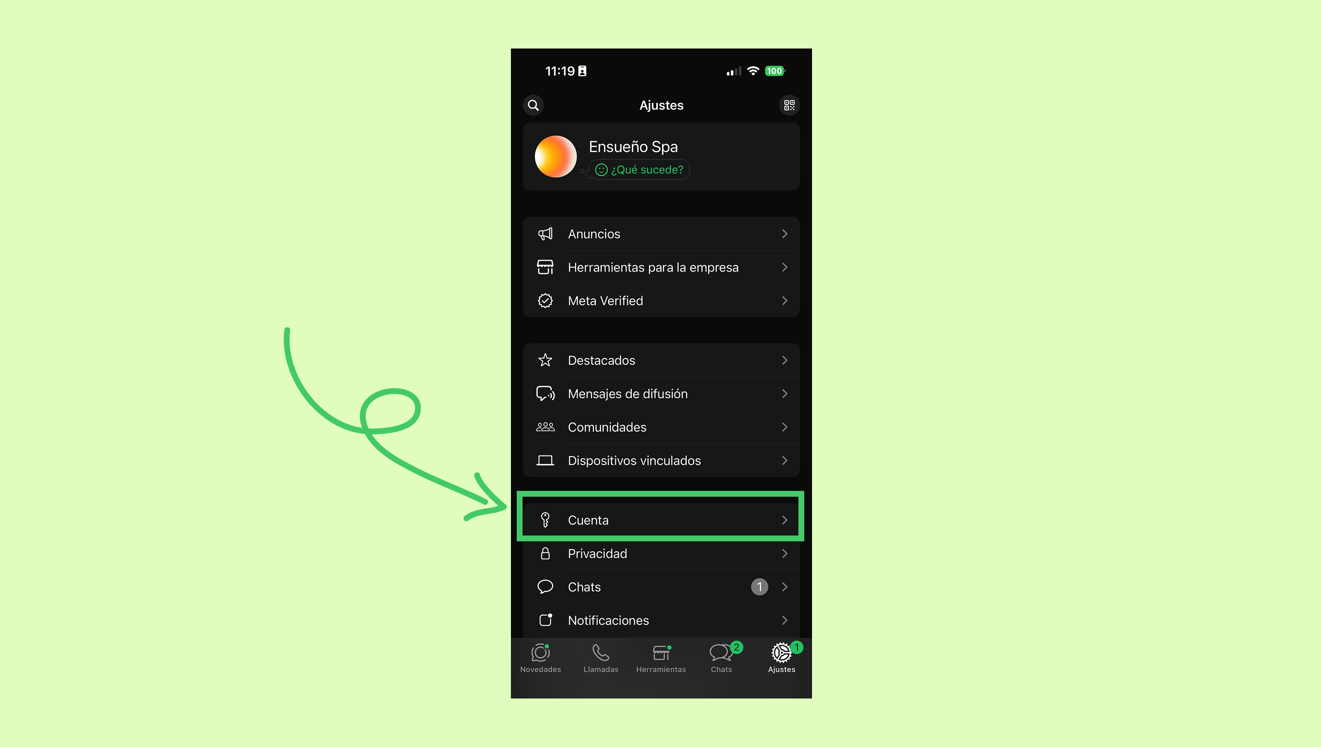 Settings menu displaying account options with highlighted 'Cuenta' section.