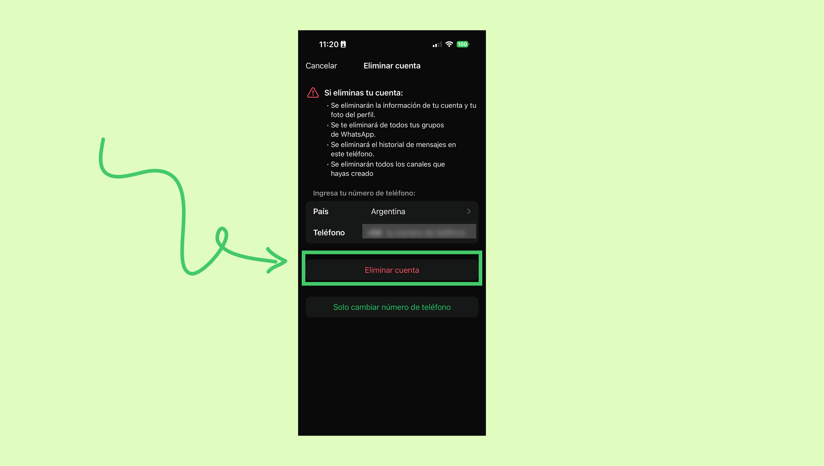 Instructions for deleting an account with highlighted button and warning message.