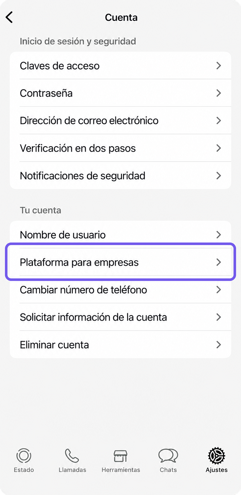 Account settings menu displaying various options including business platform access.