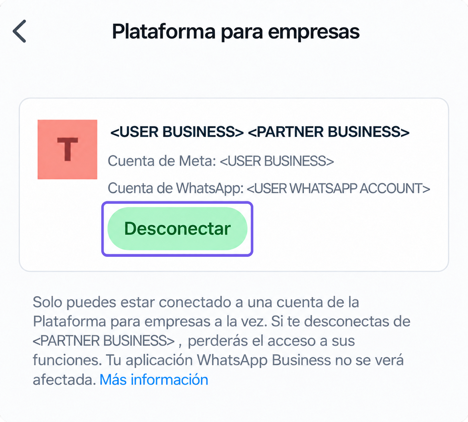 Settings page for business accounts with a disconnect option highlighted.