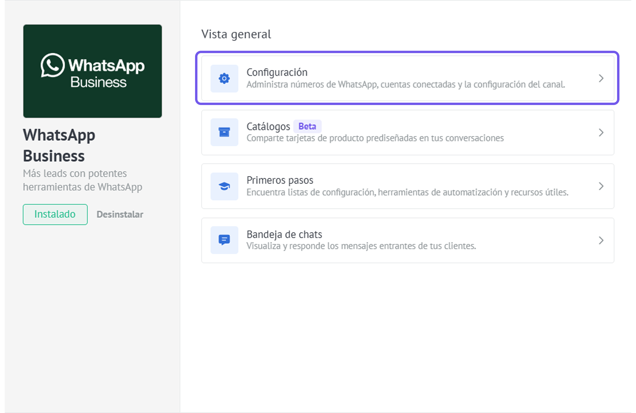 WhatsApp Business settings page showing configuration options and chat management features.