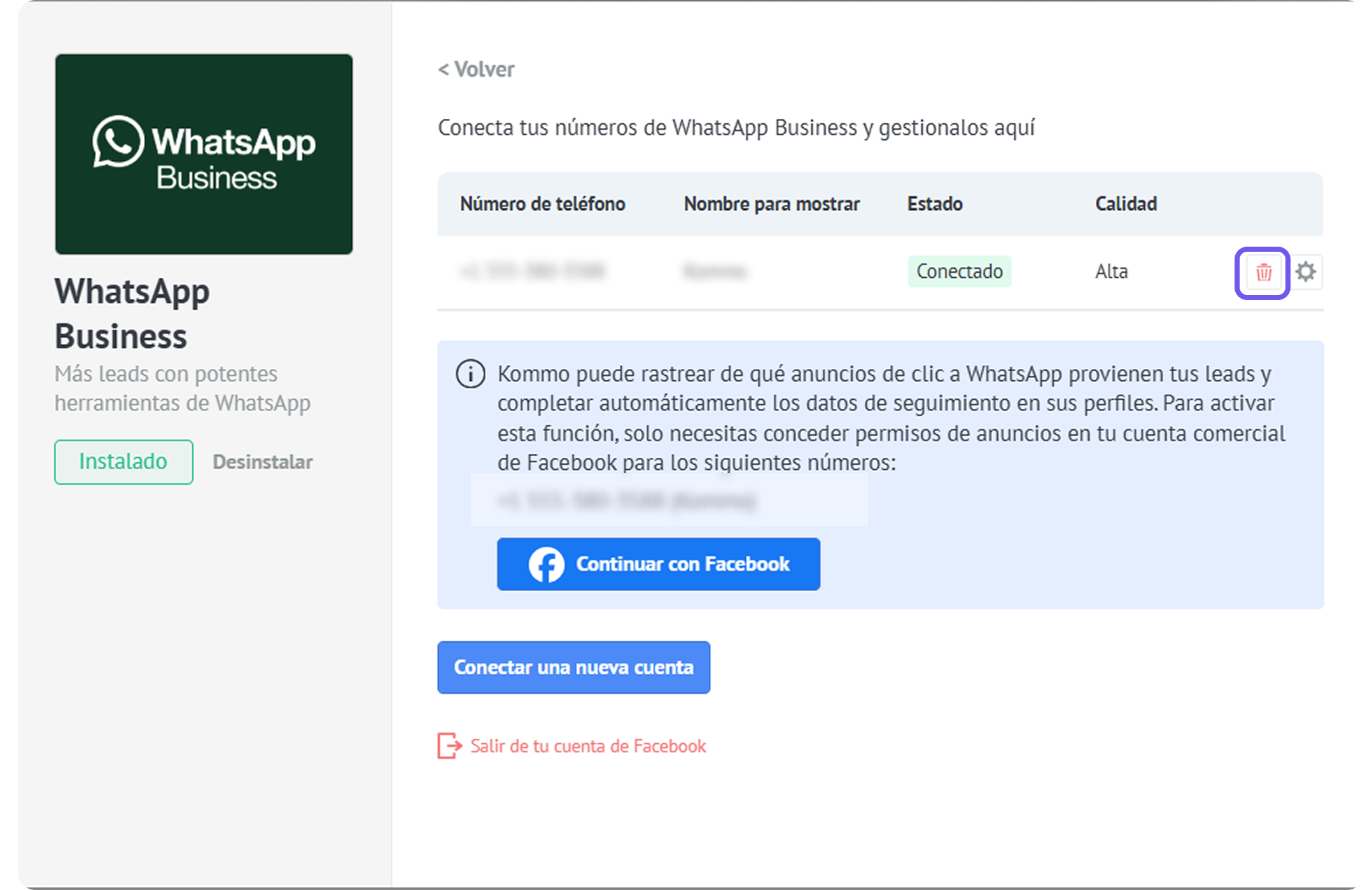 WhatsApp Business interface showing connection options and Facebook integration details.