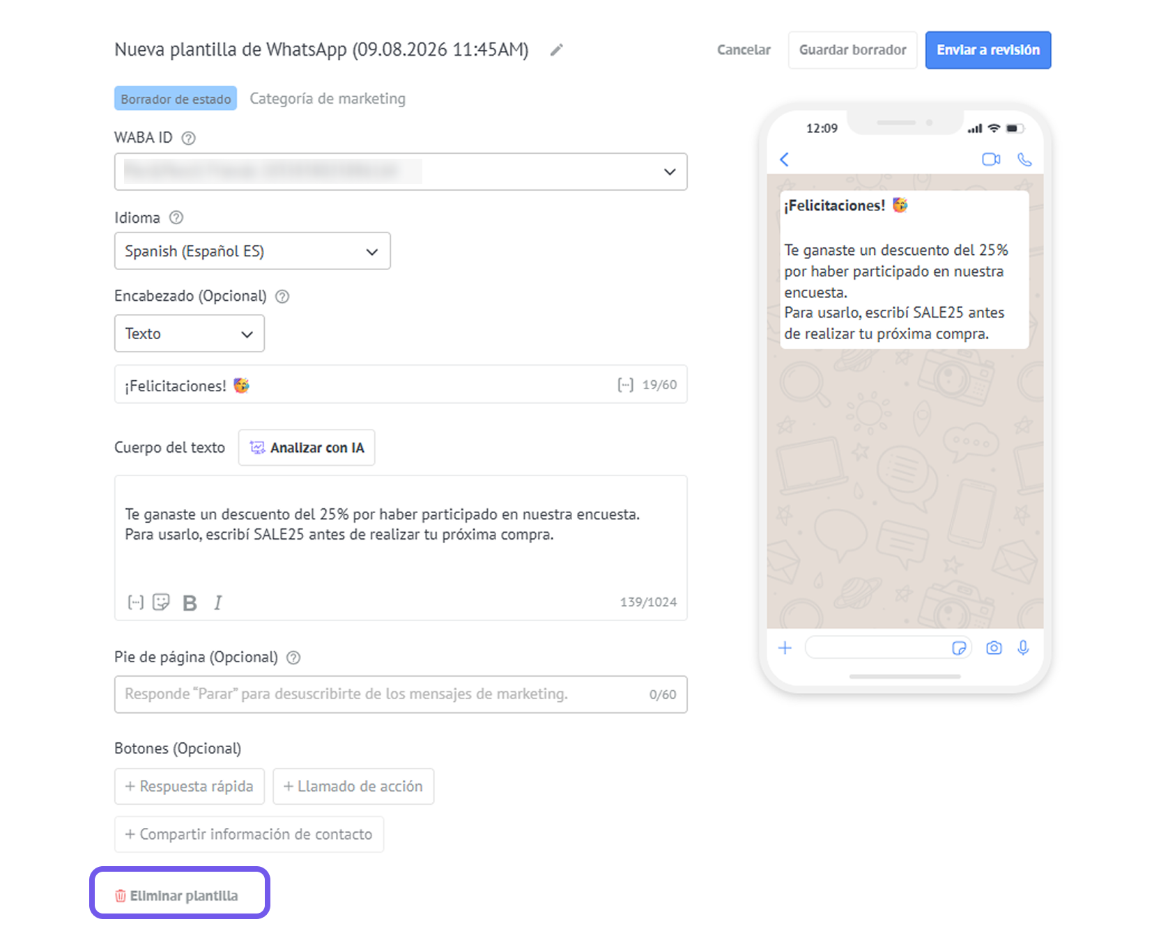 WhatsApp template showing a discount message and options for user interaction.