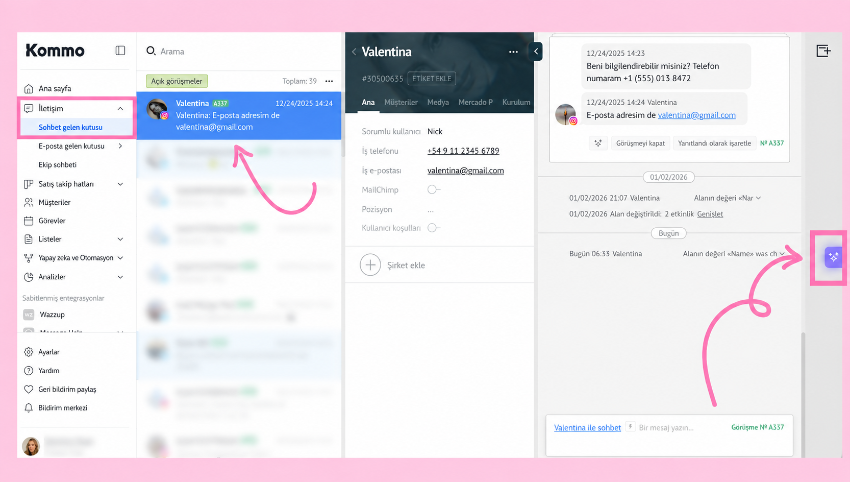 User interface showing chat details and contact information for Valentina.