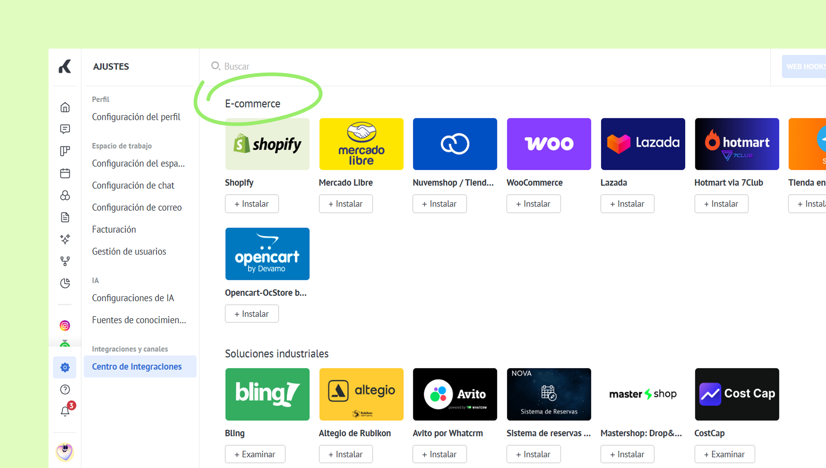 E-commerce integration options displayed with various platforms for installation and configuration.