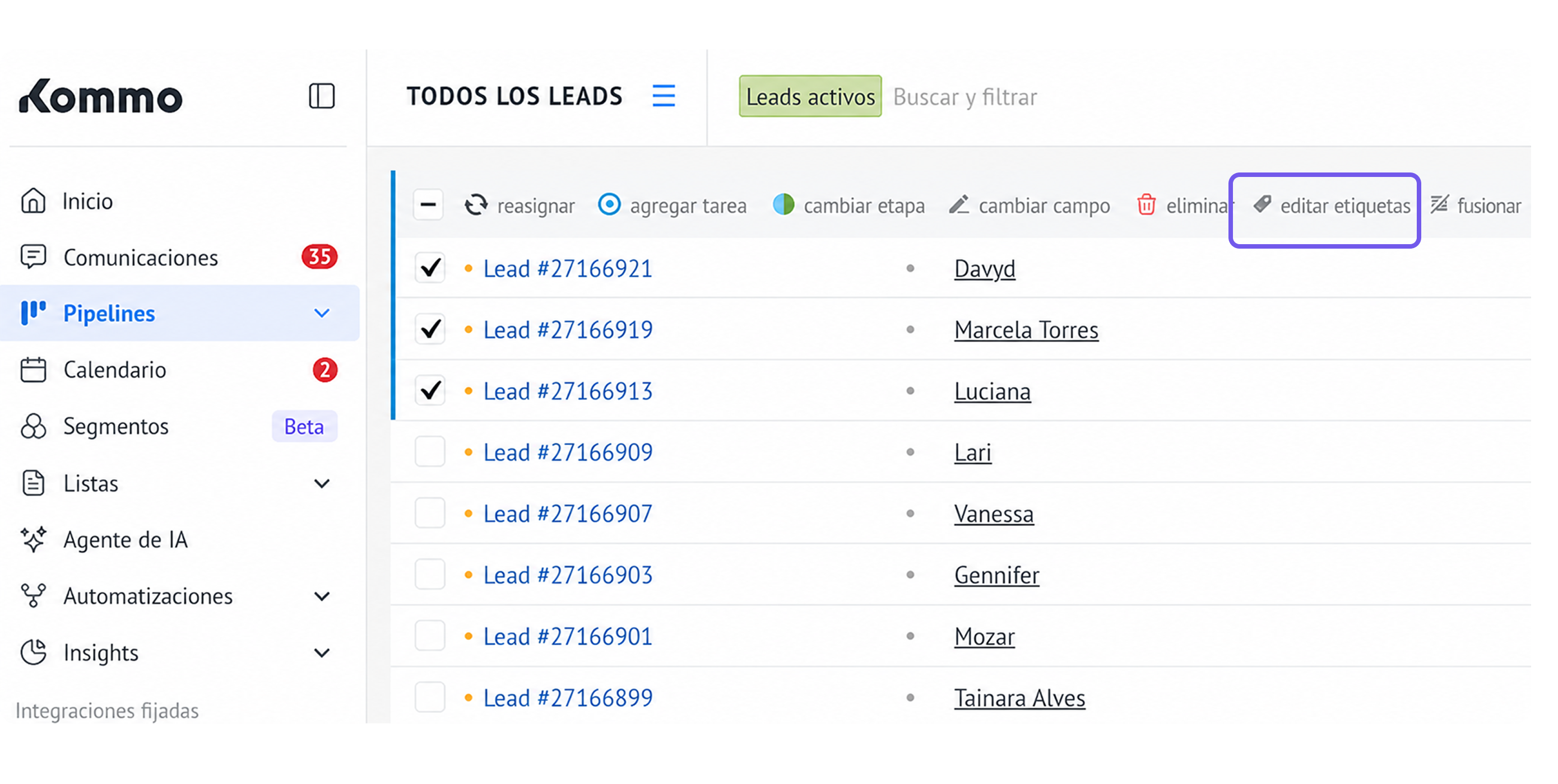 Kommo interface displaying active leads with options to edit and manage tasks.