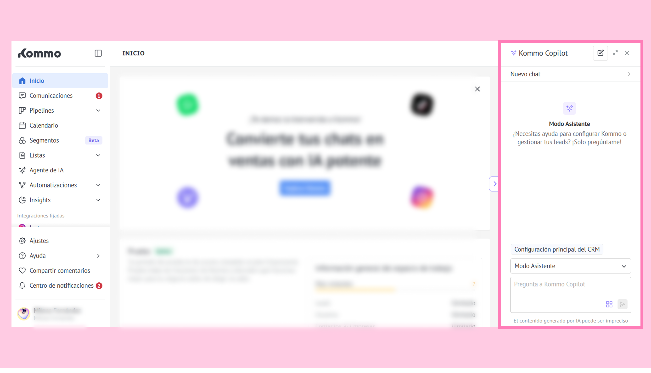 Kommo interface displaying chat assistance features and CRM configuration options.