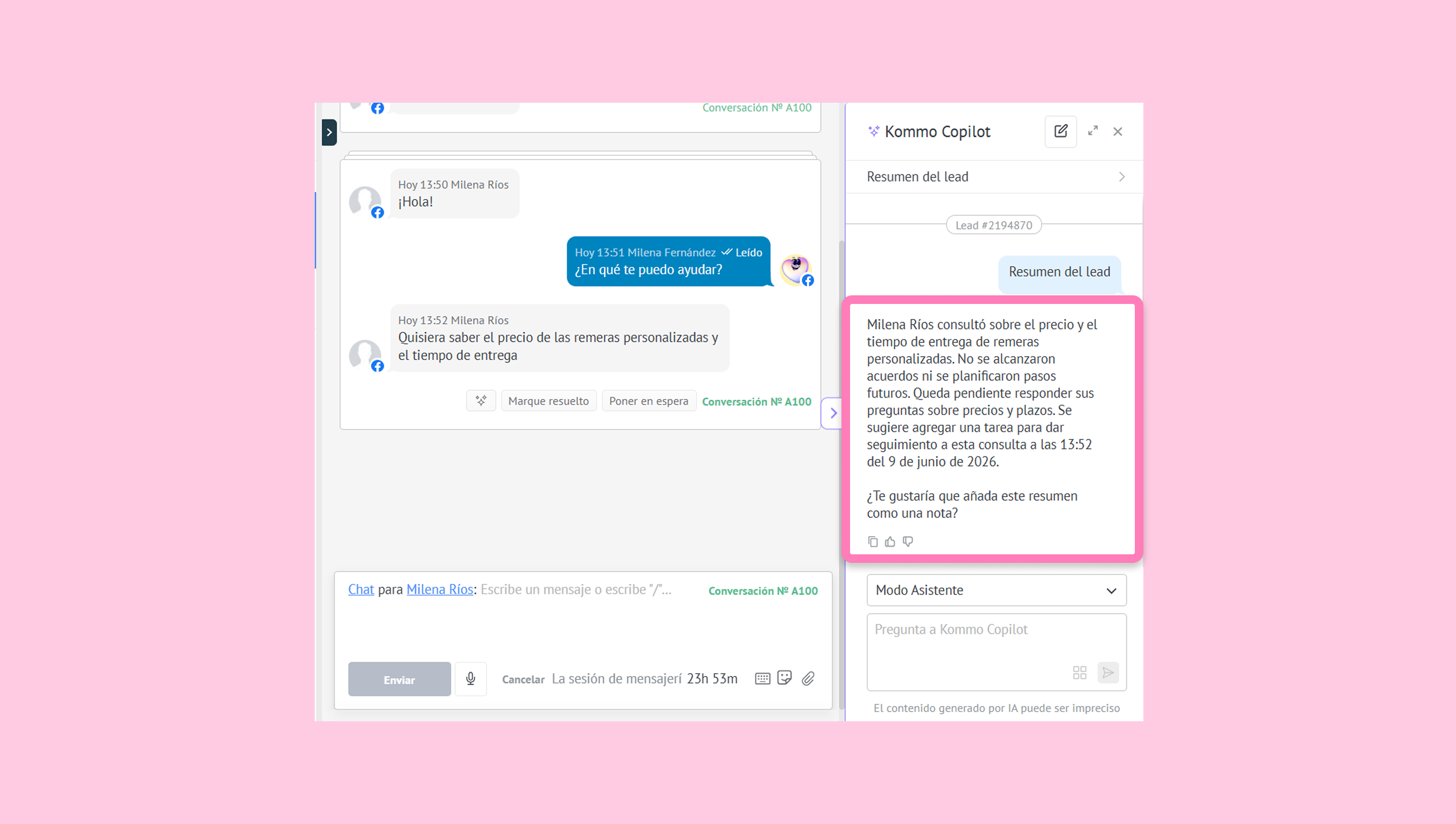 Conversation about personalized shirt pricing and delivery time with follow-up notes.