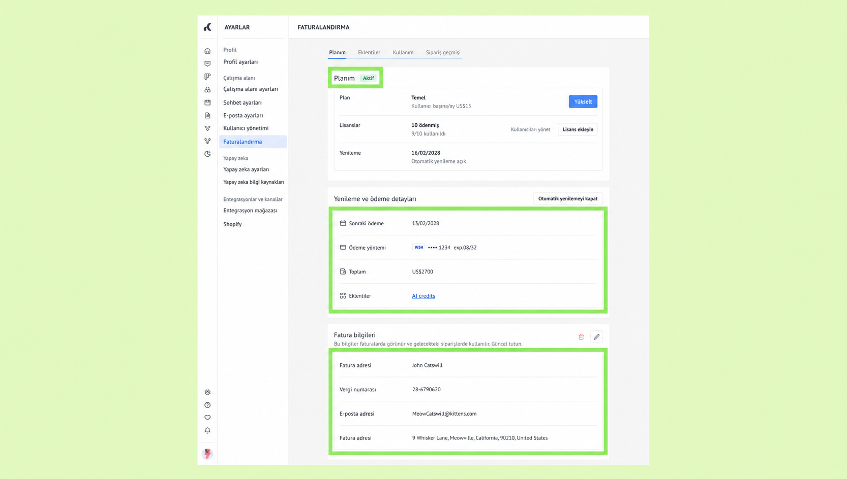 Billing settings showing plan details, payment information, and invoice details for a user.