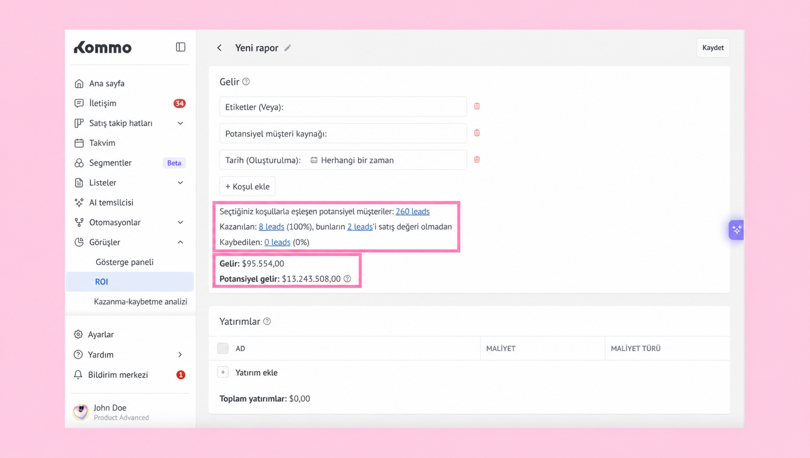 Report showing leads, revenue, and potential earnings in a marketing dashboard.