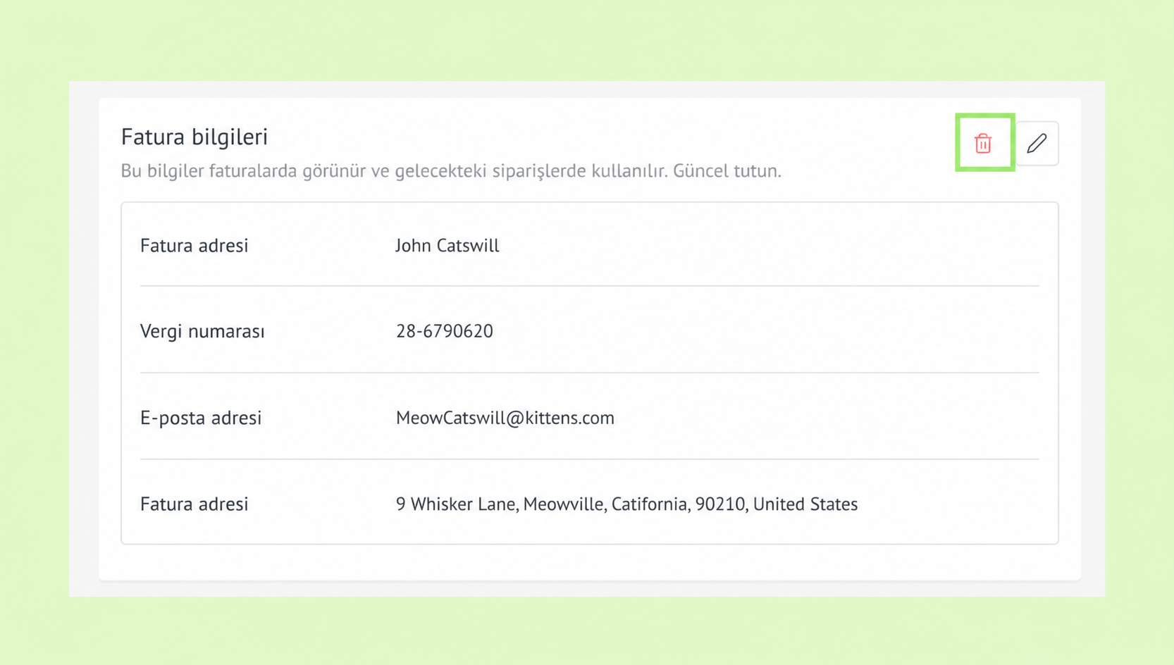 Invoice details including name, tax number, email, and address for John Catswill.