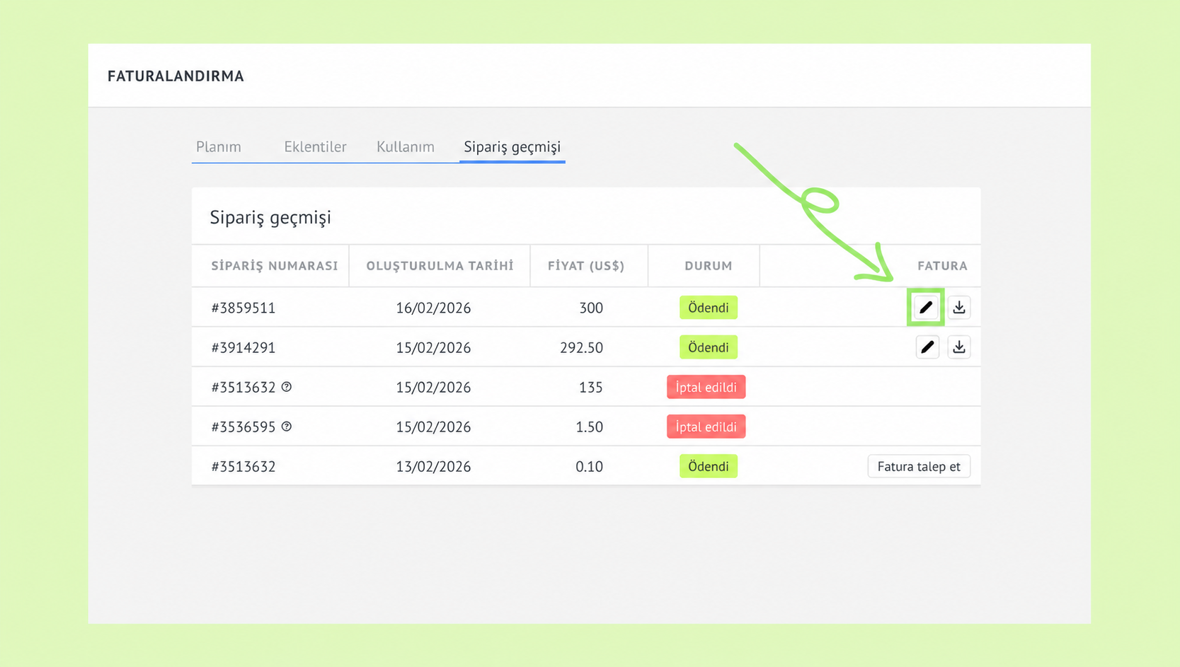 Order history table showing payment status and invoice options for each order.
