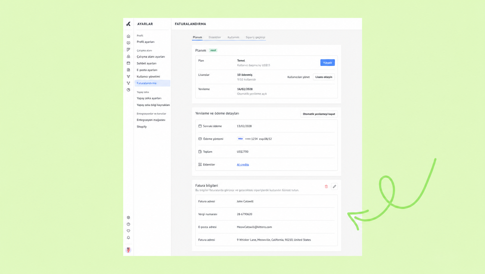Billing settings page displaying plan details, payment information, and invoice address.
