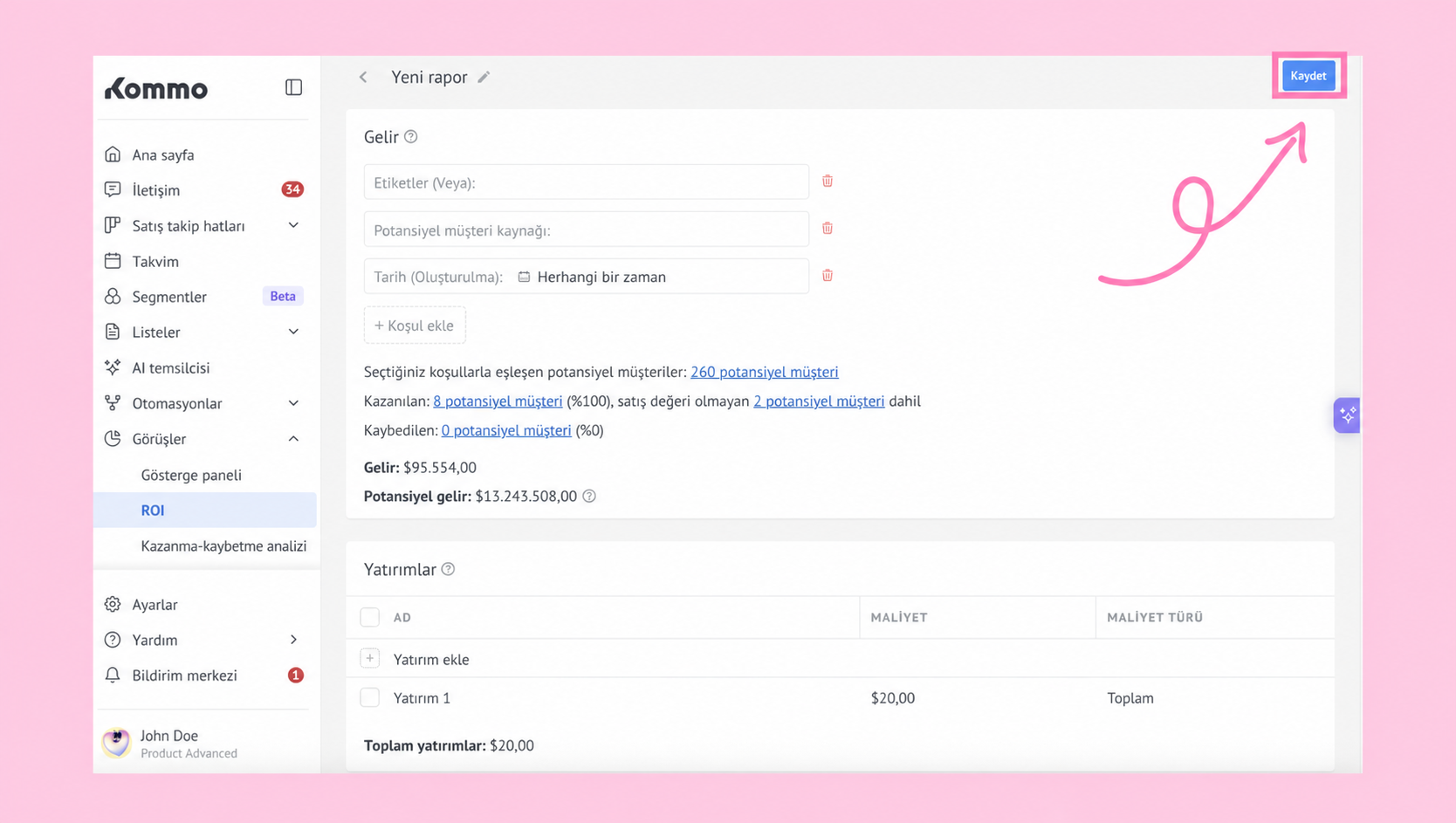 User interface for generating reports with highlighted save button and financial data.