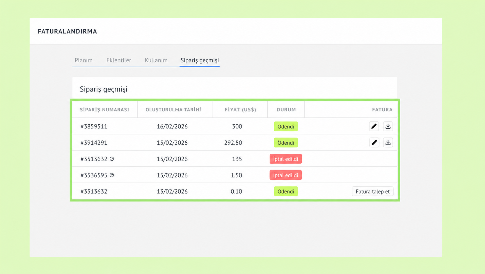 Order history table displaying order numbers, dates, prices, and payment statuses.