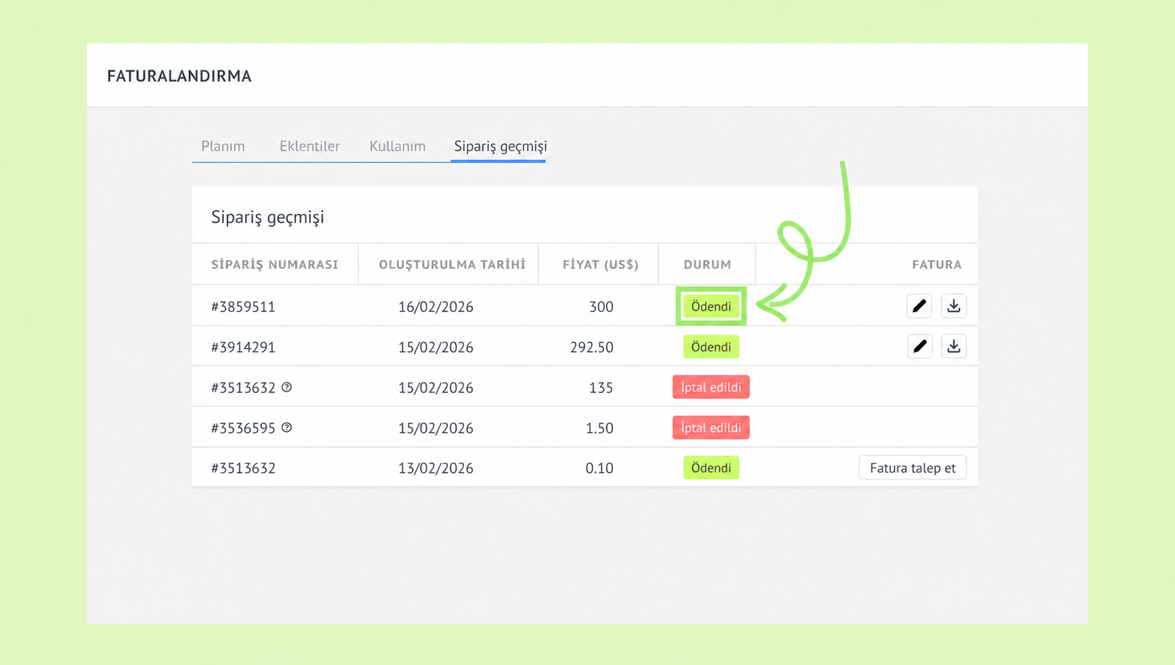 Order history showing payment status for various transactions in a table format.