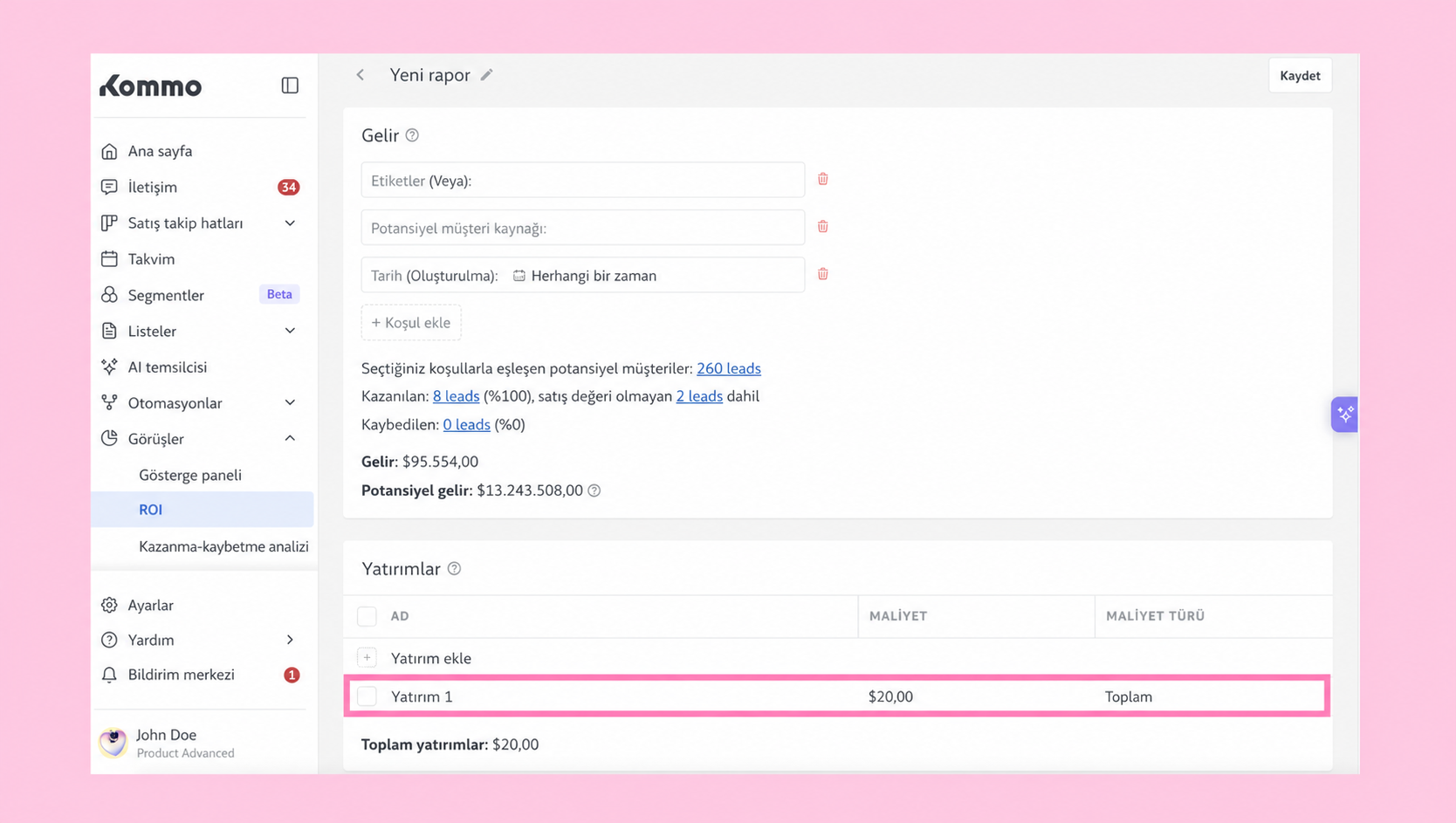 ROI report showing investment details and total earnings in a financial dashboard.