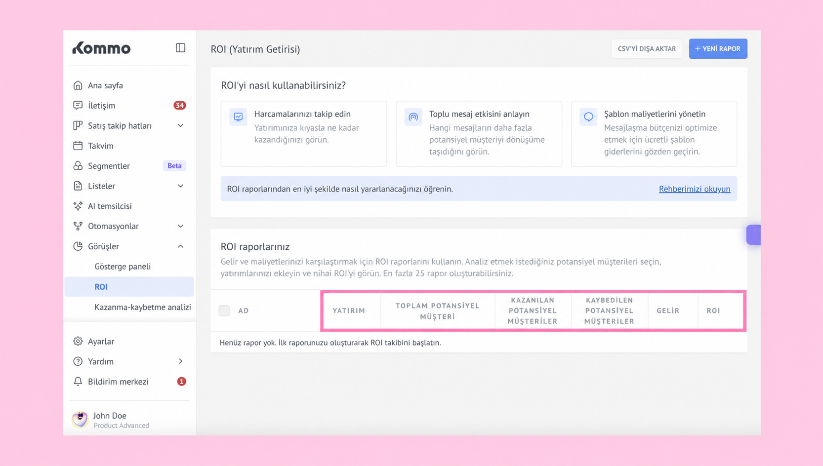 ROI report section displaying investment and potential customer metrics for analysis.