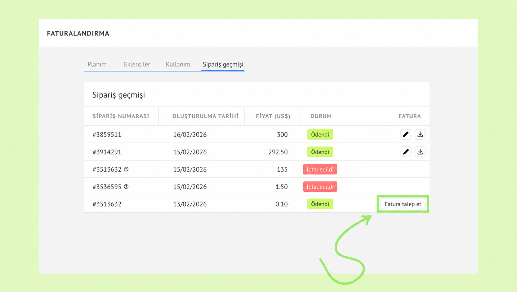 Order history table displaying payment statuses and a request for invoice option.