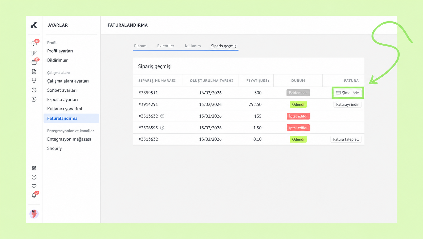 Invoice history showing payment status and options for each order listed.