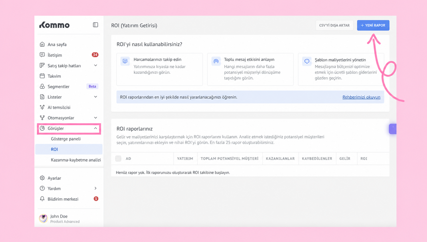 Kommo interface showing ROI options and a button to create a new report.