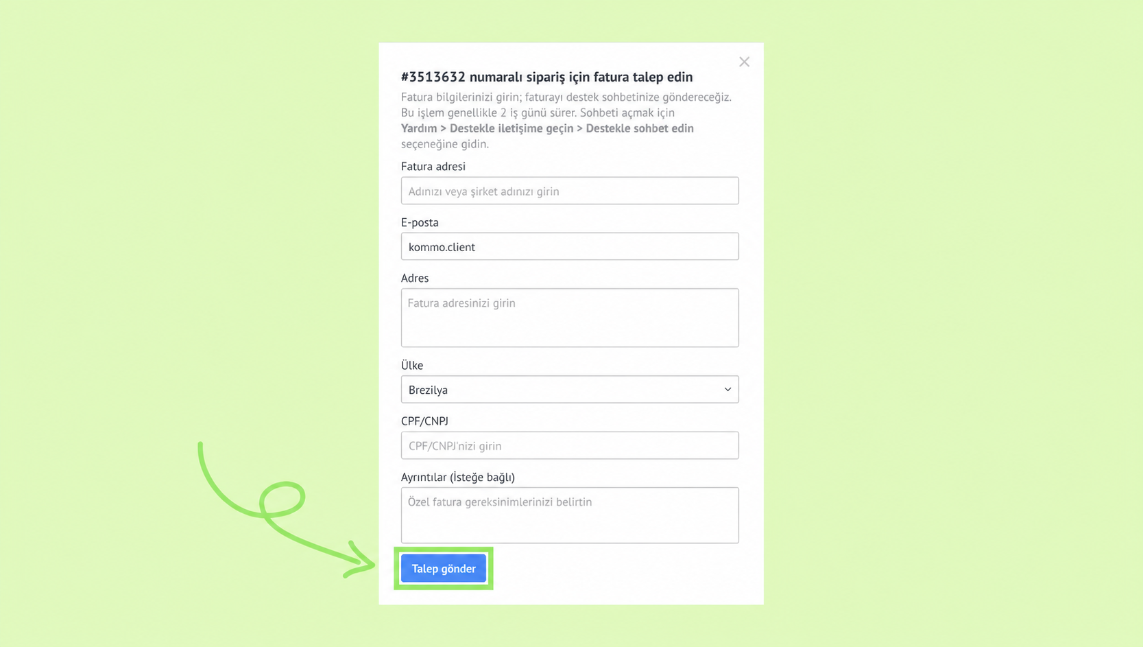 Form for requesting an invoice with highlighted submission button and fields.