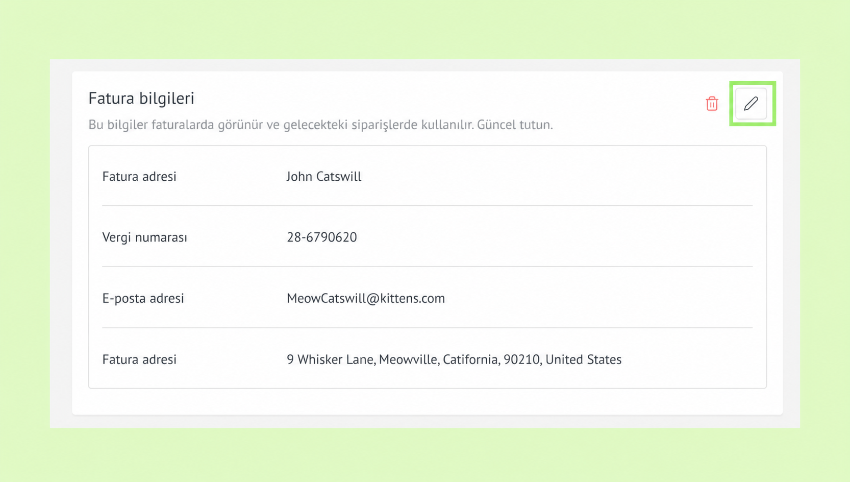 Invoice details including name, tax number, email, and address for John Catswill.