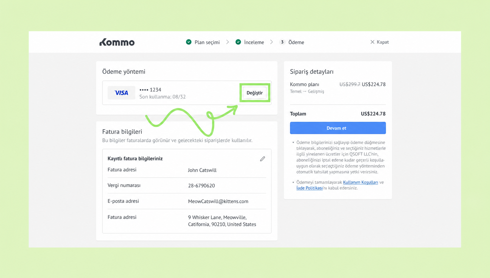 Payment method selection with highlighted option to change credit card details.