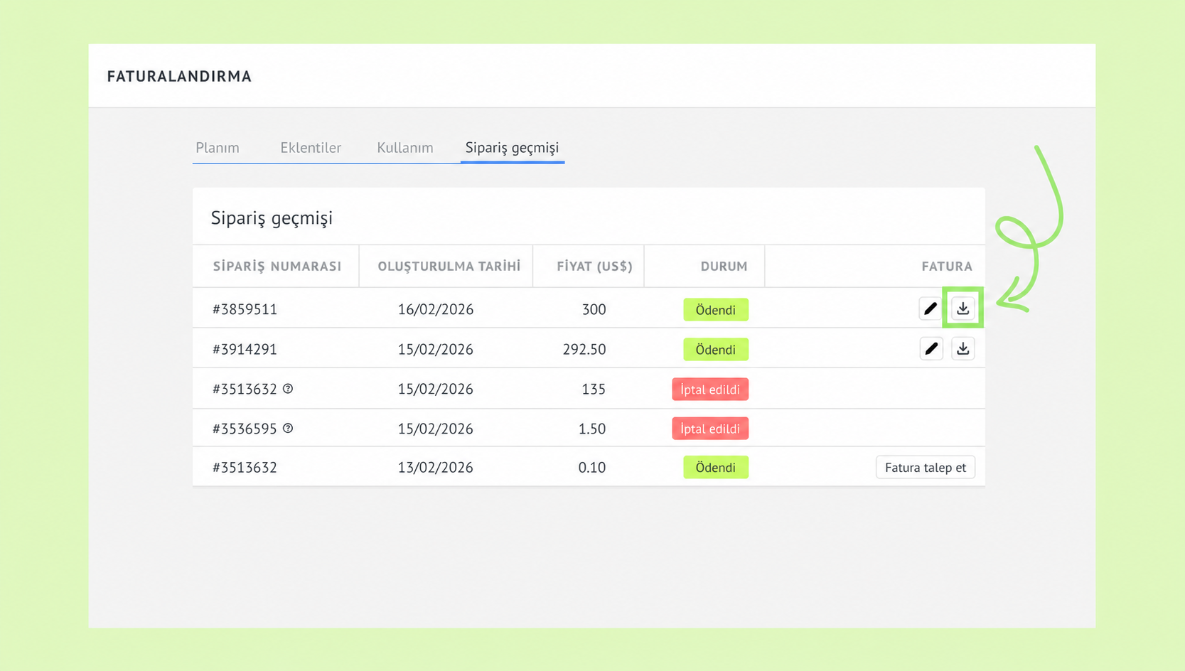 Order history showing payment status and options to download invoices.