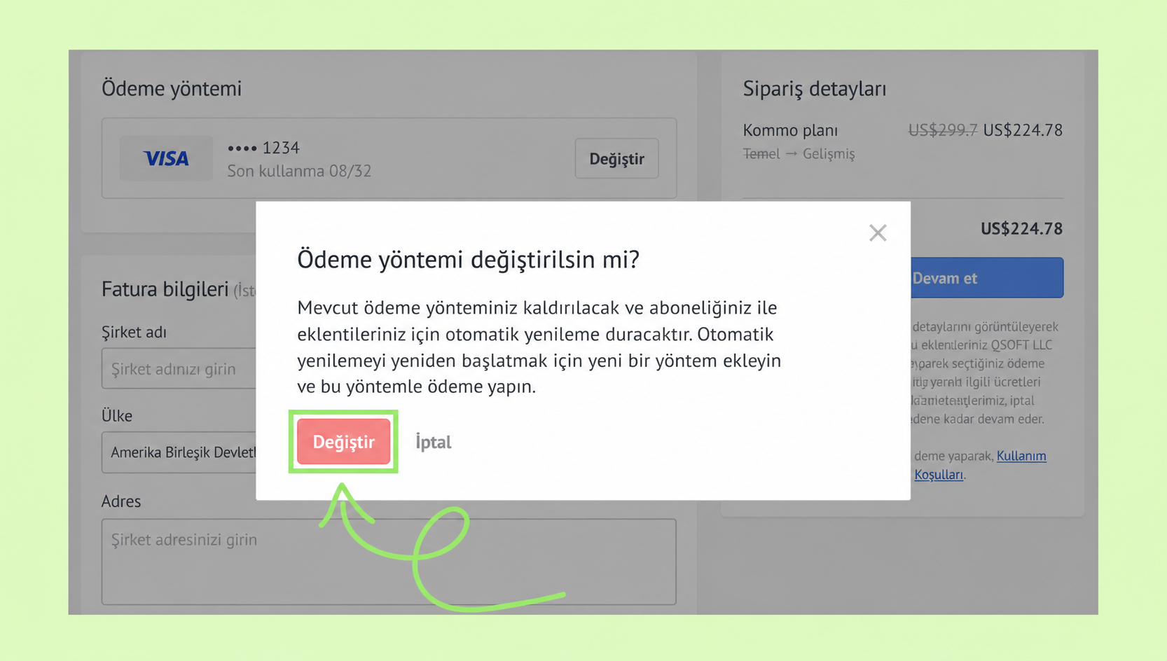 Payment method change prompt with highlighted 'Change' button and subscription details.