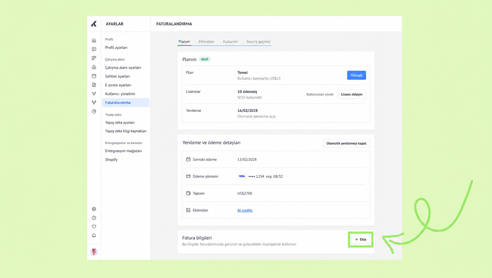 Billing settings page showing plan details and payment options with an add button highlighted.