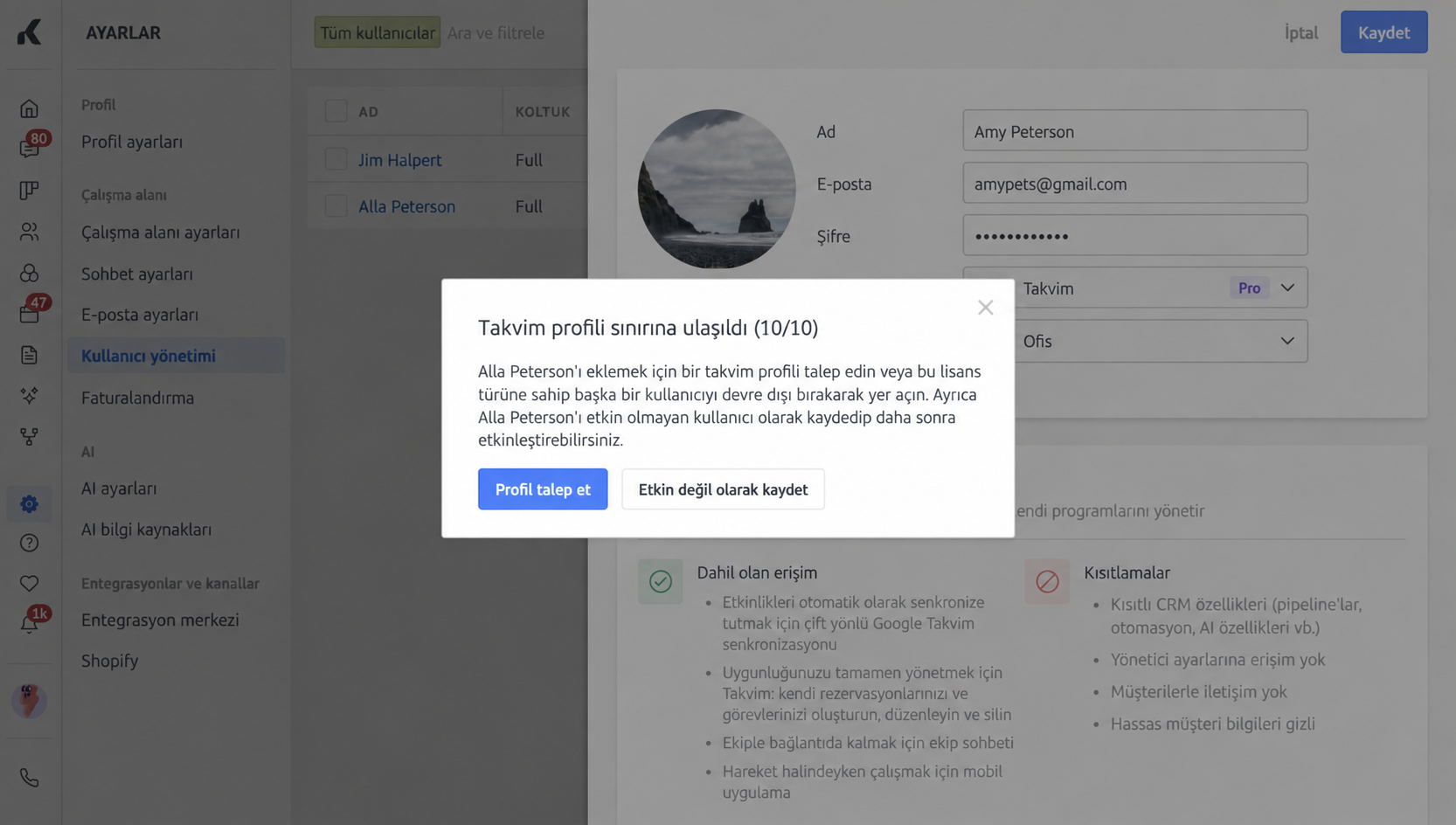 User management settings with profile limit notification for adding new users.