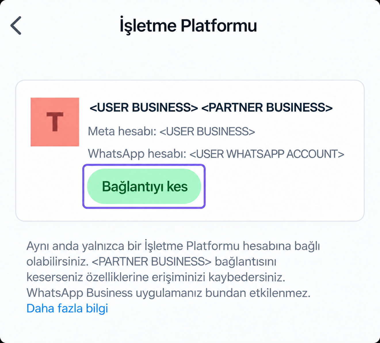 Settings page showing user and partner business details with a disconnect option.